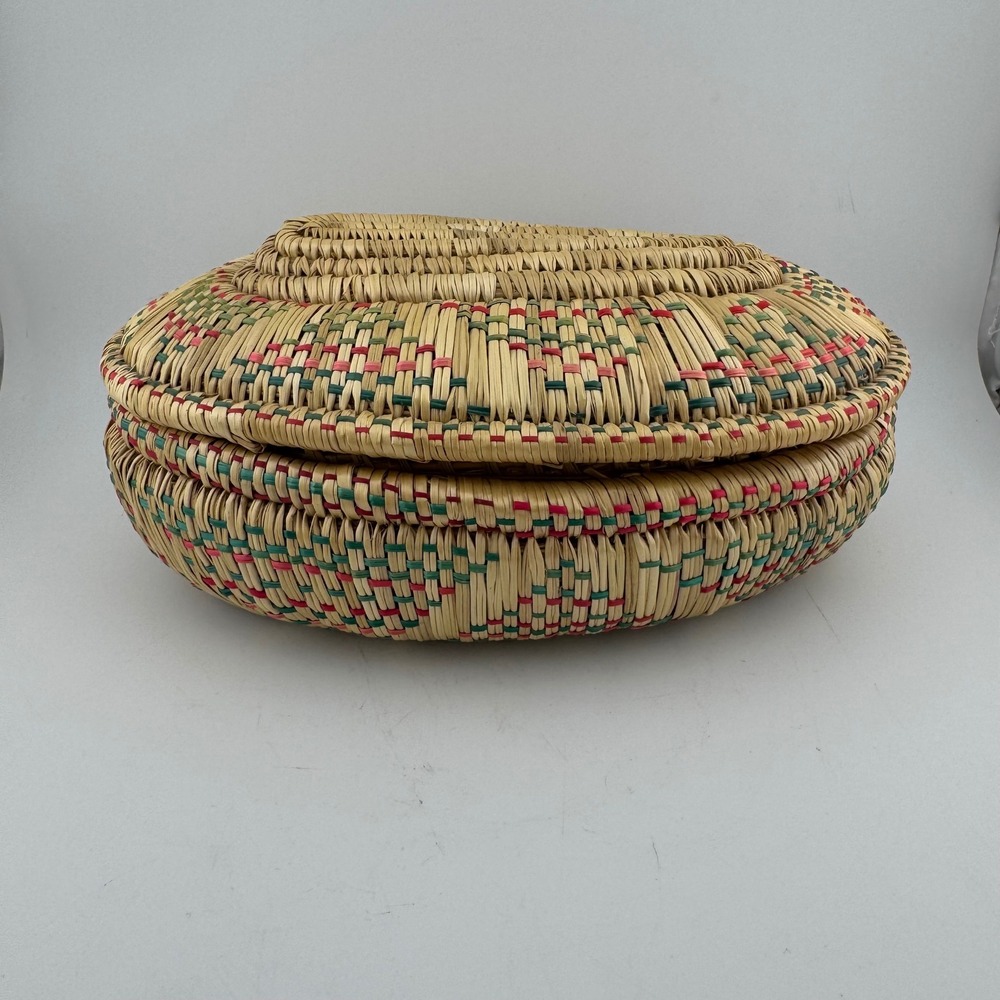 Handmade Woven Lidded Basket Medium Natural Red Green Excellent Boho Oval Decor